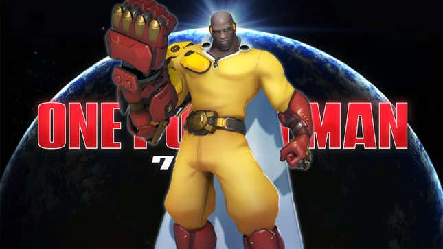 An image of Overwatch 2's Doomfist posing in front of a One Punch Man opening sequence screenshot.  