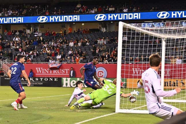 August 30, 2023; Chicago, Illinois, Vancouver Whitecaps forward Brian White (24) scores a goal against Chicago Fire FC during first half USA; at Soldier Field.