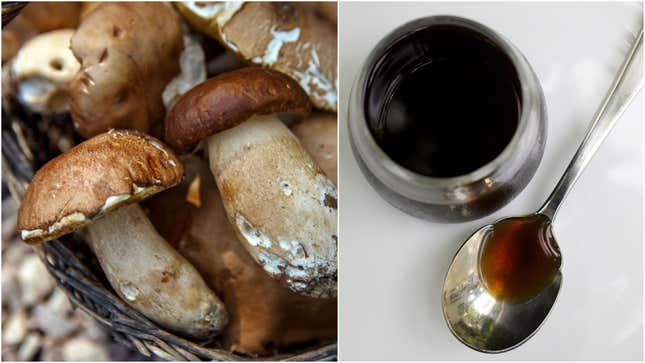 Left: brown mushrooms in a basket. Right: Dish and spoonful of mushroom ketchup. 