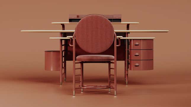 The Steelcase Frank Lloyd Wright Racine Signature Desk and matching chair photographed against a brown backdrop.
