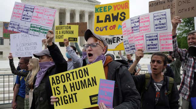 Pro-choice activists protest in response to the leaked Supreme Court draft decision to overturn Roe v. Wade in front of the U.S. Supreme Court May 3, 2022 in Washington, D.C.