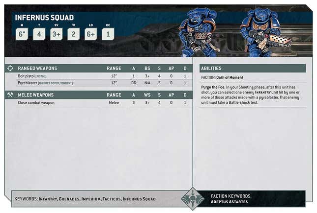 The newly designed datasheet card for a Space Marine Infernus Squad. The other side of the card will include more rules, such as gear options and other information, bringing more rules on hand to players.