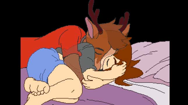 A Perfect Tides screenshot showing protagonist Mara Whitefish hugging a holographic-like vision of an internet friend named Staggle.