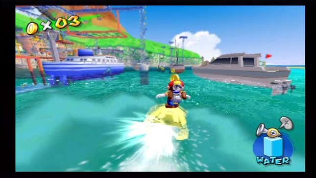 Mario surfs on the water in Super Mario Sunshine, one of the best games of 2002.