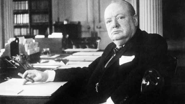 Winston Churchill in the Cabinet Room at 10 Downing Street, London.