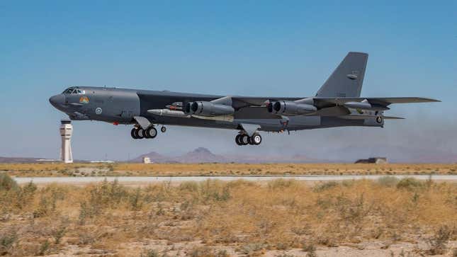 A B-52H Stratofortress takes off from Edwards Air Force Base, California to conduct a hypersonic missile test on Aug. 8, 2020.