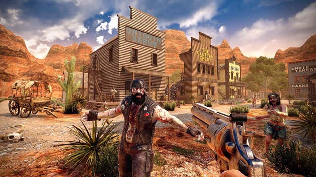 A screenshot of a zombie biker and another zombie woman in desert town. 