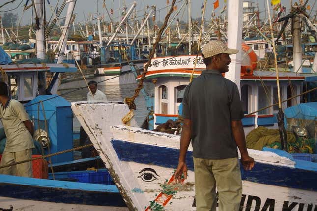 Fishing trawlers at a port in Karnataka.