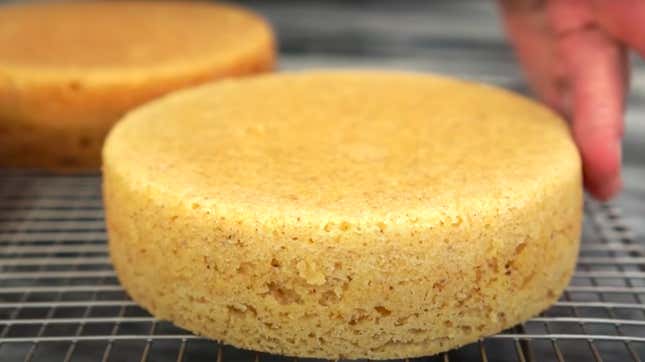 Golden cake layer on cooling rack