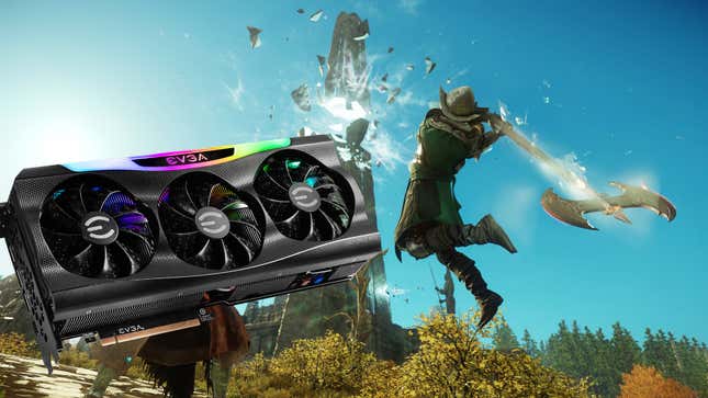 A picture of EVGA's 3090 graphics card over a screenshot of Amazon's New World MMO. 