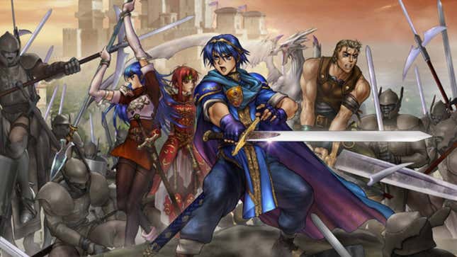 Marth, Ogma, Caeda, and Minerva fight against an army.