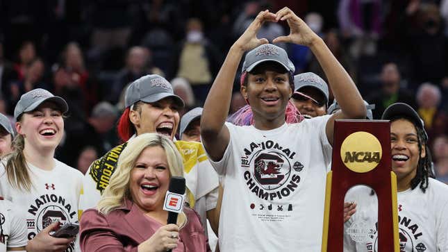 Aliyah Boston of the South Carolina Gamecocks celebrates with her teammates after defeating the UConn Huskies 64-49 during the 2022 NCAA Women’s Basketball Tournament National Championship game in Minneapolis, Minnesota.