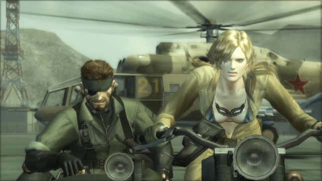 Metal Gear Solid 3's characters ride a motorcycle away from a helicopter. 