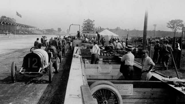 A view of the pits and original Pagoda on the front straightaway during the Indianapolis 500 on 30 May 1911 at the Indianapolis Motor Speedway, Speedway, United States.
