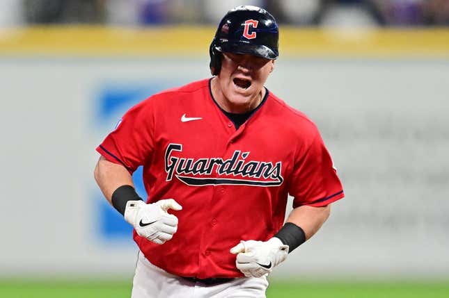 Aug 22, 2023; Cleveland, Ohio, USA; Cleveland Guardians first baseman Kole Calhoun (56) rounds the bases after hitting a home run during the seventh inning against the Los Angeles Dodgers at Progressive Field.