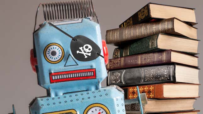 A Robot with a pirate eye patch standing in front of a stack of books.