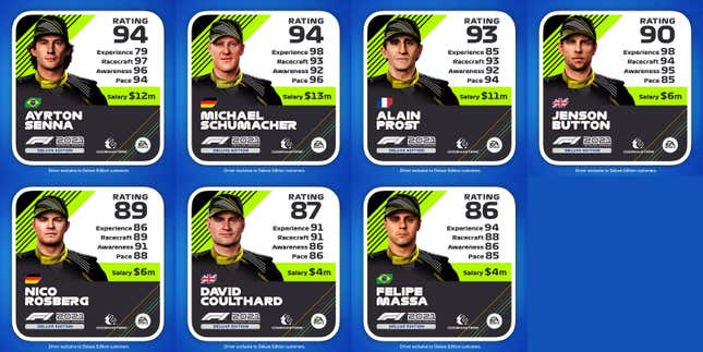 Image for article titled F1 2021 Lets You Sign 7 Historic Drivers To Your Team, So Let's Argue About Their Ratings