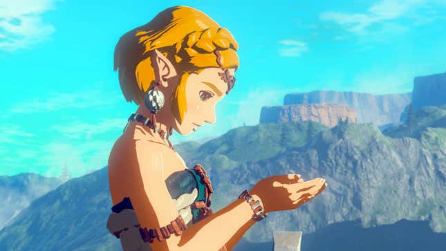 Hylian princess Zelda is staring at her open palms in Tears of the Kingdom with a mountainside in the background.
