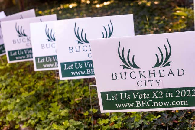 Yard signs supporting a movement to incorporate Atlanta’s Buckhead neighborhood, pictured on Monday, Sept. 27, 2021. Bill White, a New Yorker who relocated to Georgia and has become the face of the movement, recently retweeted a web site known for peddling bigotry.