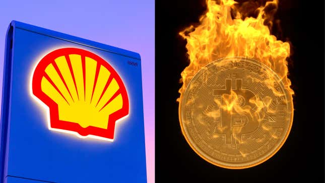 Shell logo and Bitcoin burning