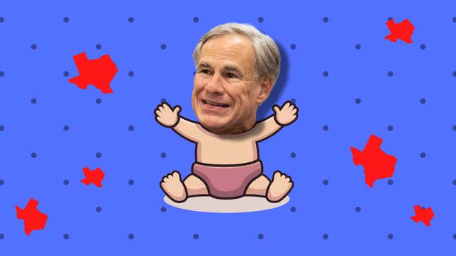 An image of Greg Abbott's head on a cartoon baby surrounded by red cut outs of Texas.