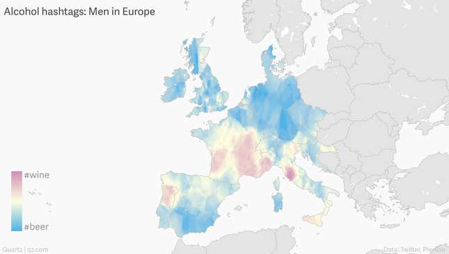 Image for article titled Mapping who drinks wine or beer in Europe, by tweets