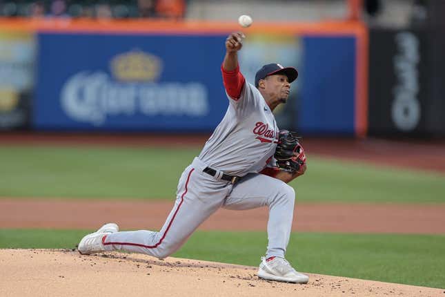 Apr 25, 2023; New York City, New York, USA; Washington Nationals starting pitcher Josiah Gray (40) delivers a pitch during the first inning against the New York Mets at Citi Field.