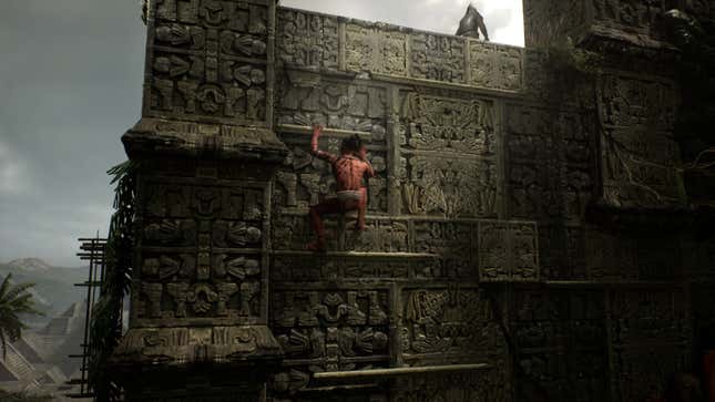 A warrior climbs up a Mesoamerican city wall. 