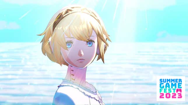 A Persona 3 character stands in front of the ocean wearing headphones.