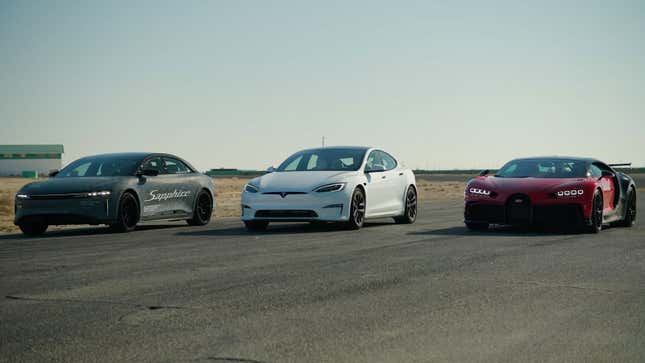 A photo of a Lucid Air, Tesla Model S and Bugatti Chiron lined up on a race track. 