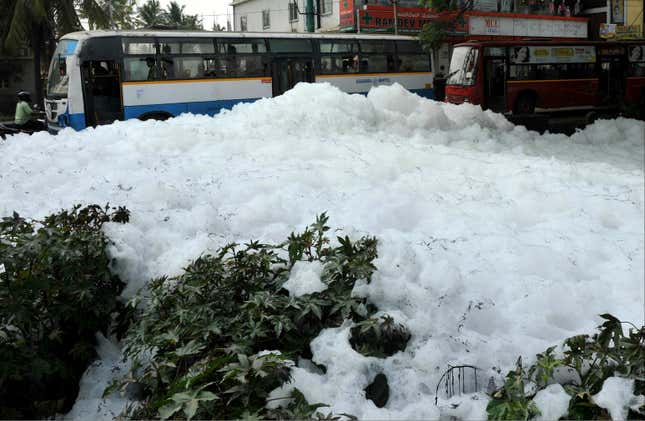 Dystopia: Toxic foam from a polluted city lake.