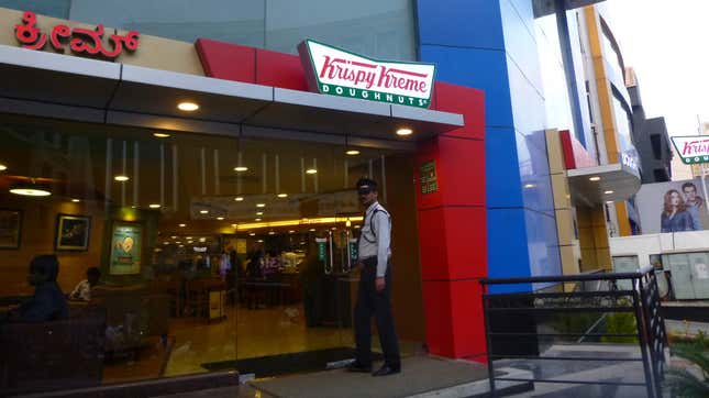 The first Krispy Kreme opens in Bangalore, India, offering competition to Dunkin’ Donuts, already established with nine locations in the country.