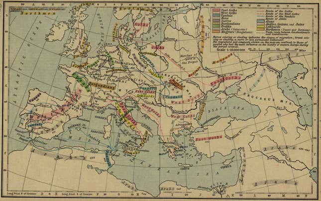 On this map, showing German migrations from 150 to 1066, shows the movements of the Goths.