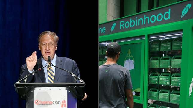 hairman of the Board & CEO of AMC Theatres Adam Aron speaks onstage during CinemaCon 2021, on the right  People wait in line for t-shirts at a pop-up kiosk for the online brokerage Robinhood along Wall Street after the company went public with an IPO
