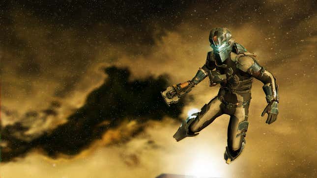 A man floats through the sky in Dead Space 2.