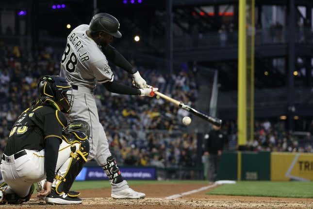 Apr 8, 2023; Pittsburgh, Pennsylvania, USA;  Chicago White Sox center fielder Luis Robert Jr. (88) hits a double down the left field line against the Pittsburgh Pirates during the fourth inning at PNC Park.