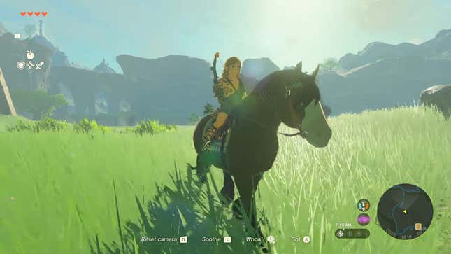 Link sits on a horse.