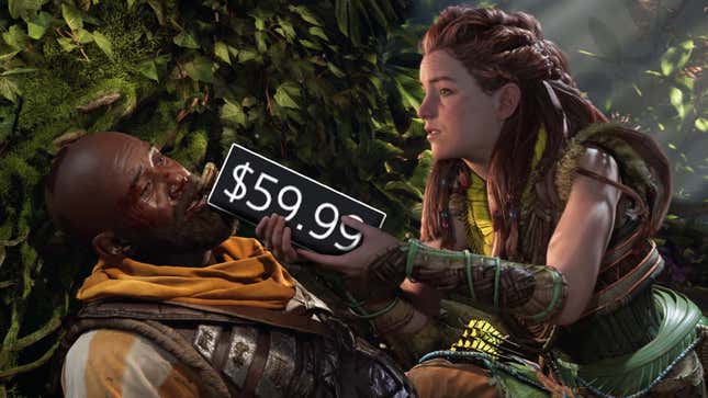 Aloy assists a bloody and wounded warrior leaning against a tree trunk in taking a drink of water from a gourd. 