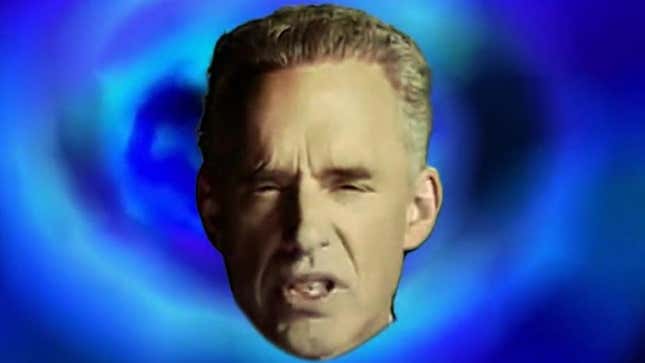 A floating Jordan Peterson head spouts nonsense in front of a Crash Bandicoot warp wormhole. 