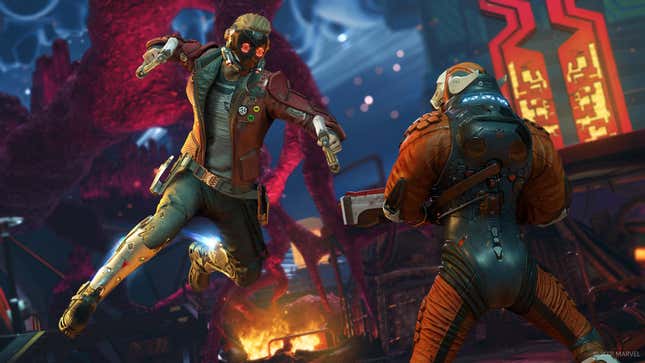 Peter Quill punches an alien in Guardians of the Galaxy, one of the best video games of 2021.