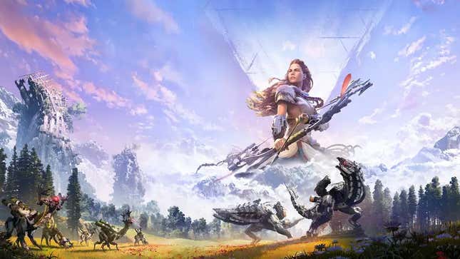 Aloy stands with her bow in the clouds above a pack of robot dinosaurs. 