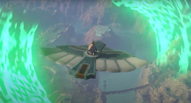 Link flies on an aircraft surrounded by magic in The Legend of Zelda: Tears of the Kingdom, formerly known as Breath of the Wild 2, or BOTW 2, for the Nintendo Switch. 