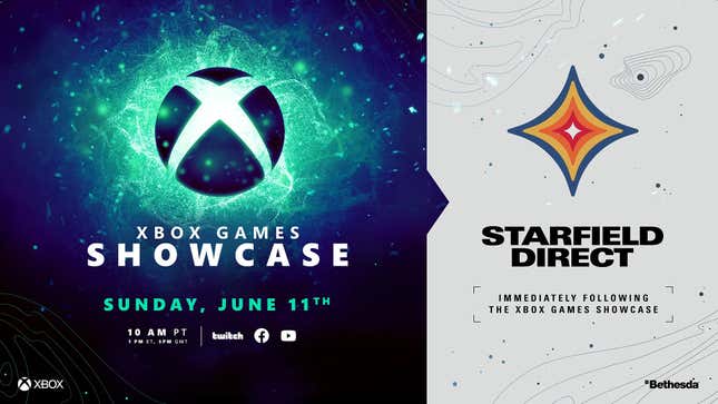 Los logotipos de Xbox Games Showcase y Starfield Direct se muestran arriba de los detalles en su fecha y hora de emisión del domingo 11 de junio a las 10 a. m. (hora del Pacífico).