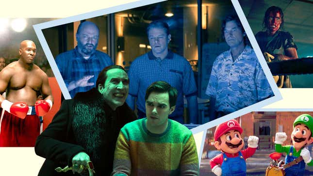 Clockwise from left: Big George Foreman (Sony Pictures), Air (Amazon Studios), Evil Dead Rise (Warner Bros.), The Super Mario Bros. Movie (Universal Pictures), Renfield (Universal Pictures)
