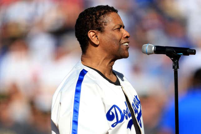 Denzel Washington leads a tribute to Jackie Robinson before the 92nd MLB All-Star Game presented by Mastercard at Dodger Stadium on July 19, 2022 in Los Angeles, California. (Photo by Sean M. Haffey/Getty Images)
