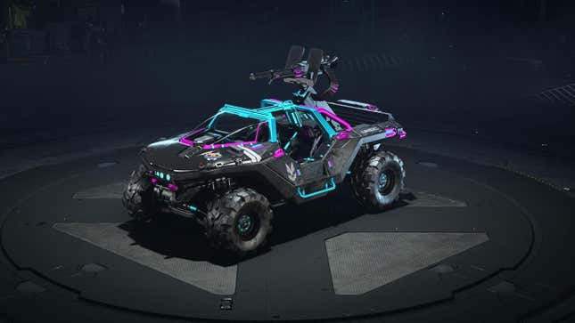 My personal Warthog in Halo Infinite is a less-than-pristine example of the model. Yes, I spent real money on the cyberpunk event to get this colorway.