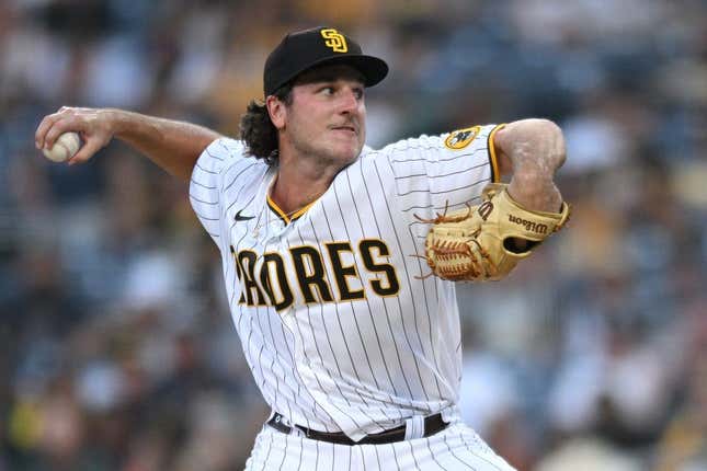 Aug 2, 2022; San Diego, California, USA; San Diego Padres starting pitcher Reiss Knehr (33) throws a pitch against the Colorado Rockies during the first inning at Petco Park.