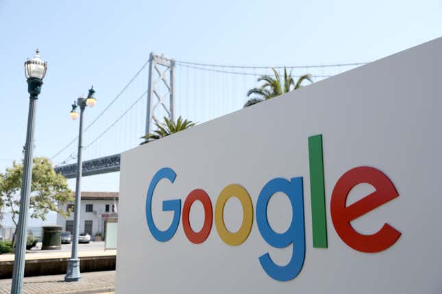 The Google logo in front of the Golden Gate Bridge in San Fransisco.