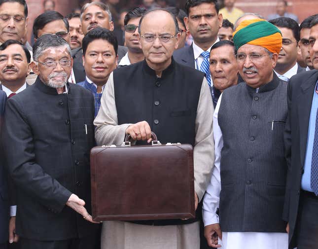 Arun Jaitley with the budget documents ahead of the 2017-18 budget on Feb. 01, 2017.