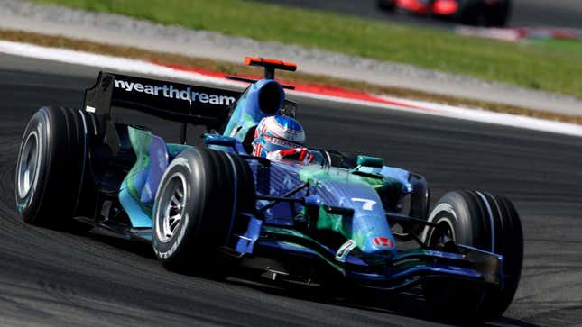 A photo of the 2007 Honda F1 car with the earth as its livery. 